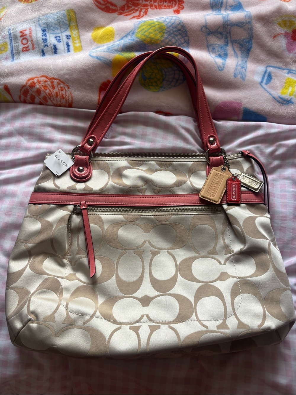 Coach Beige Signature Shoulder Bag with Pink Trim